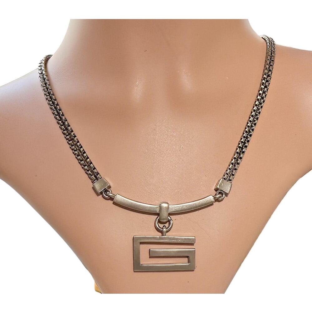 Y2K Silver Tone G Logo Pendant Double Strand Vintage Adjustable Necklace